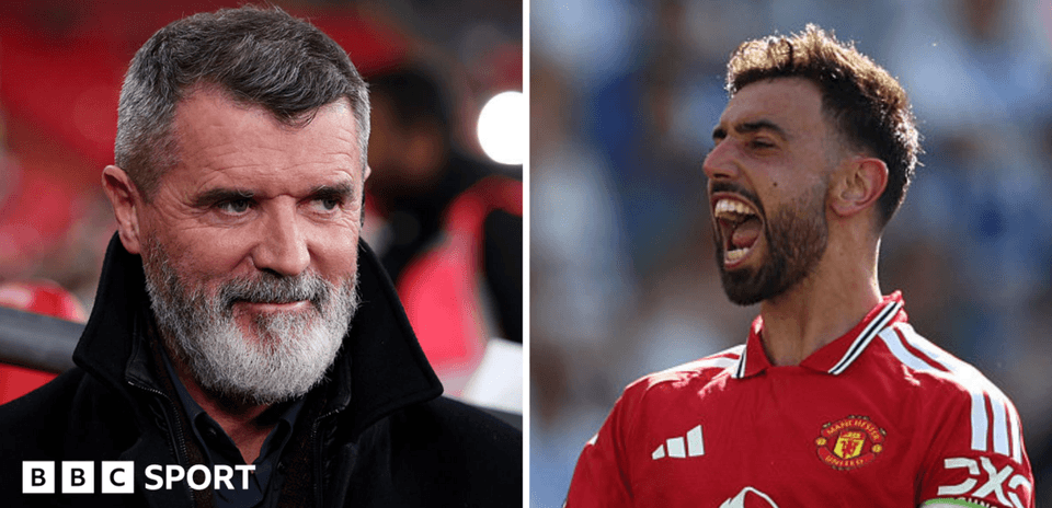 Roy Keane smiling and Bruno Fernandes celebrating goal