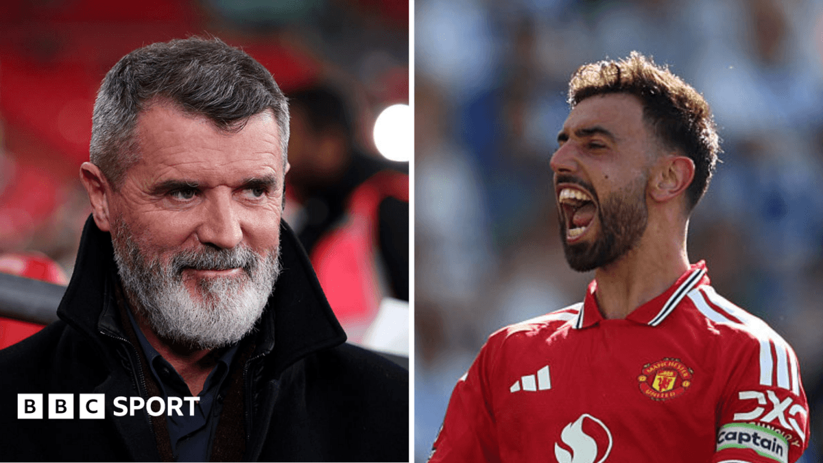 Roy Keane smiling and Bruno Fernandes celebrating goal