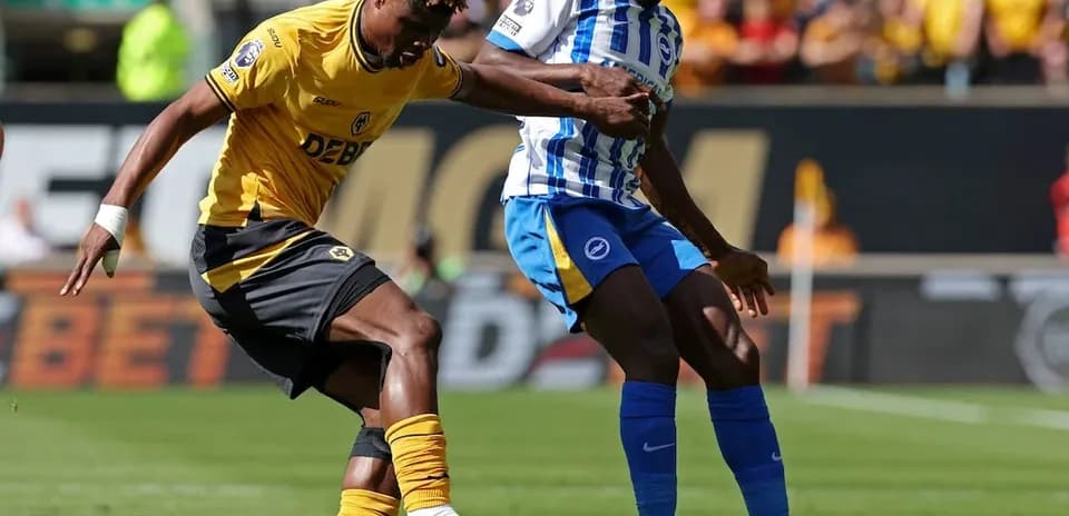 Brighton and Wolves players contesting for the ball