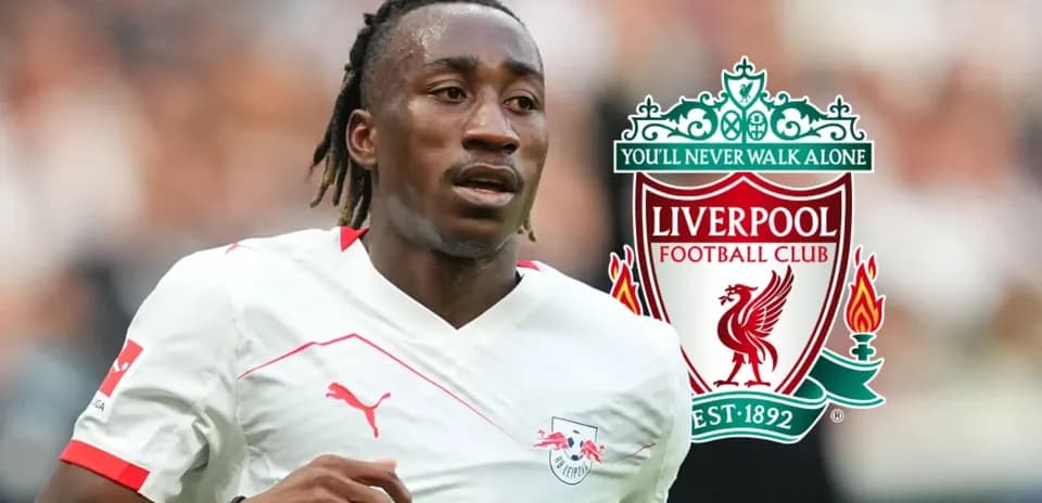 Player running on pitch with Liverpool logo overlay