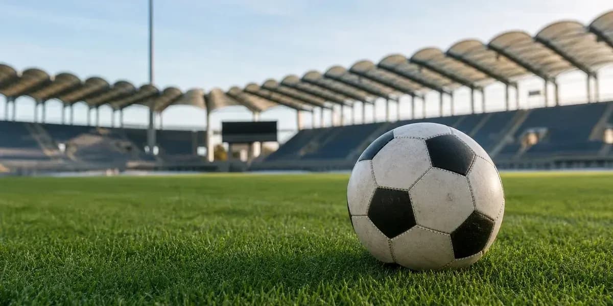 Soccer ball on grass field in empty stadium