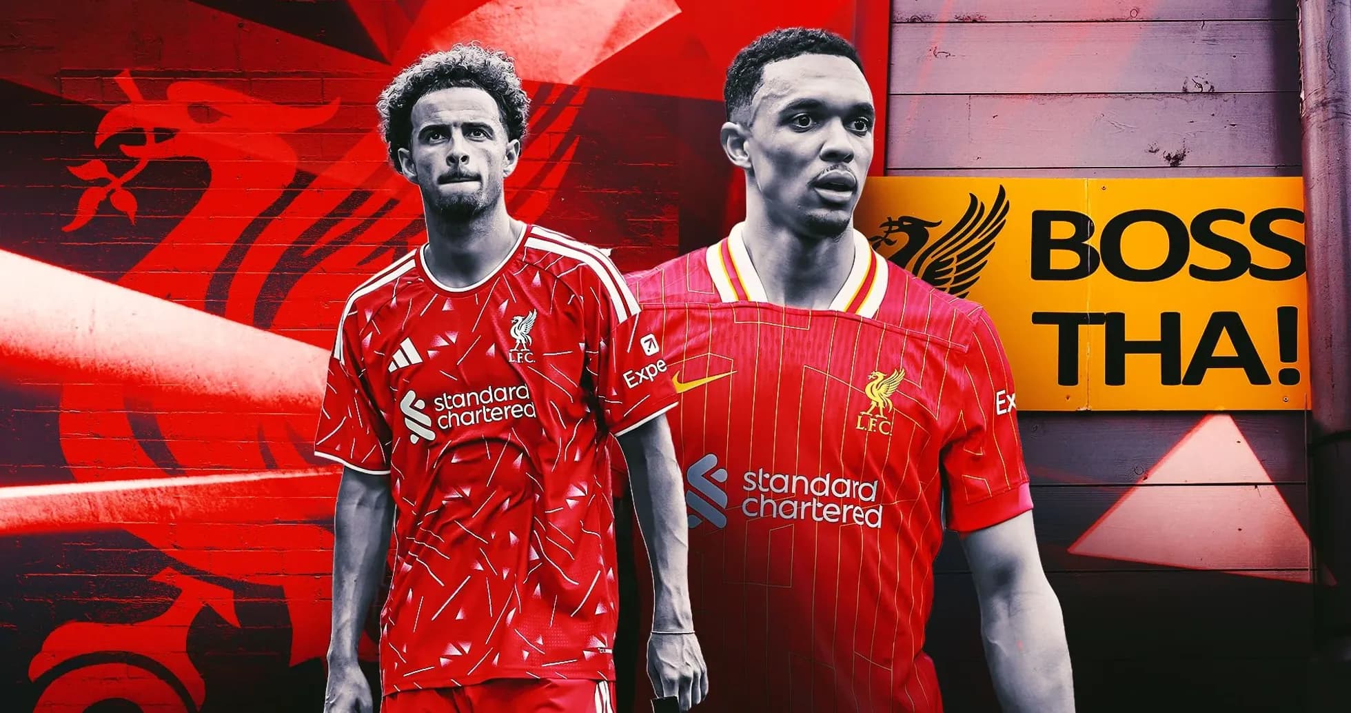 Two Liverpool players posing in home kits