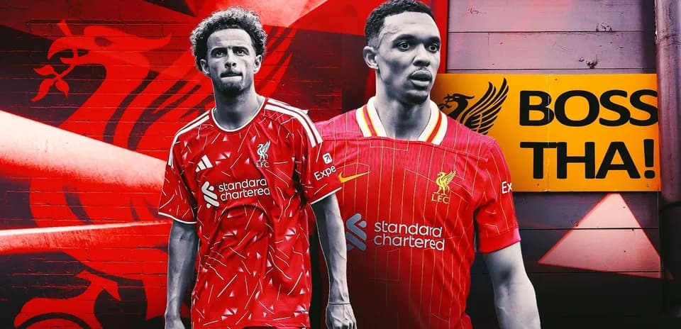 Two Liverpool players posing in home kits