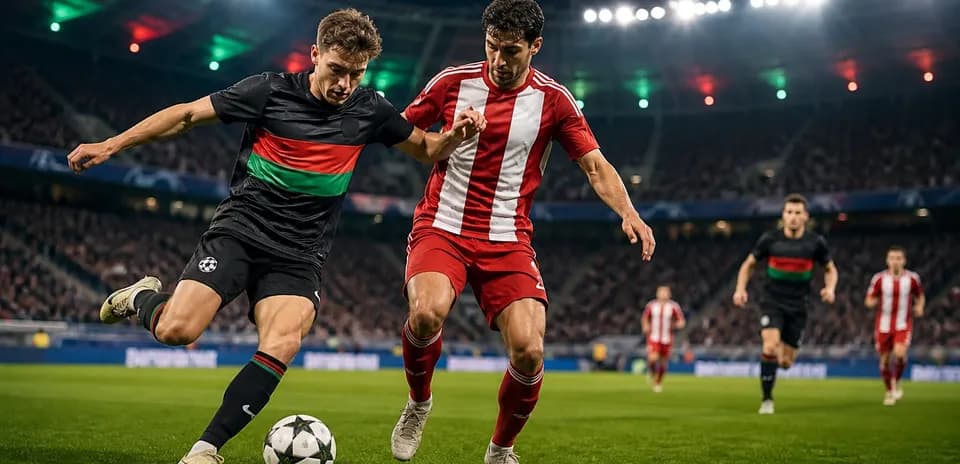 Players competing for the ball in Champions League match