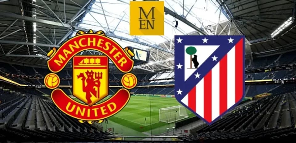 Manchester United and Atletico Madrid logos with stadium background
