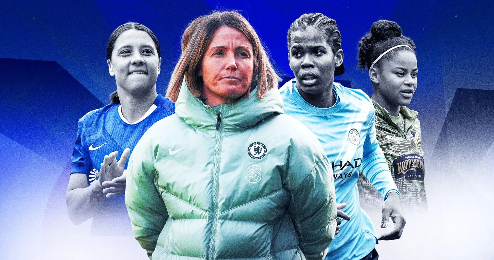 Four women's football players and coach in action
