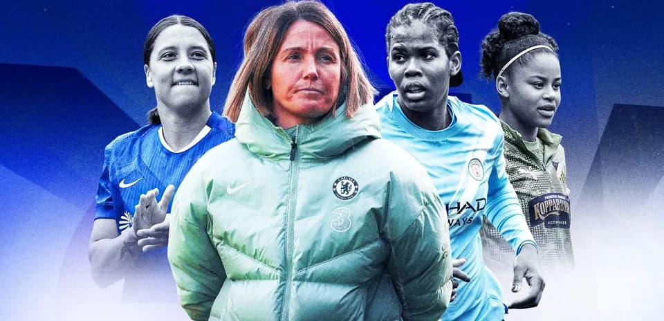 Four women's football players and coach in action