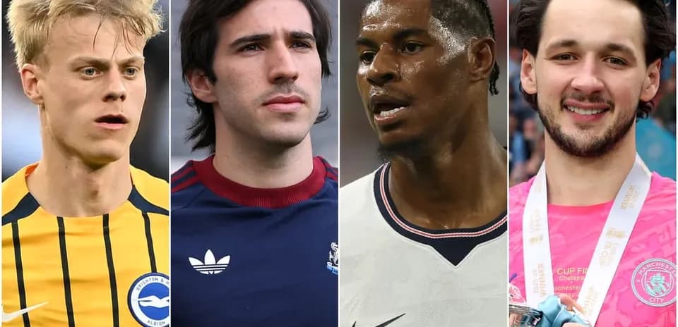 Four football players in different kits and expressions