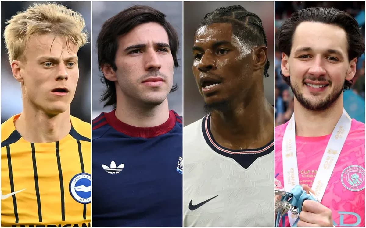 Four football players in different kits and expressions