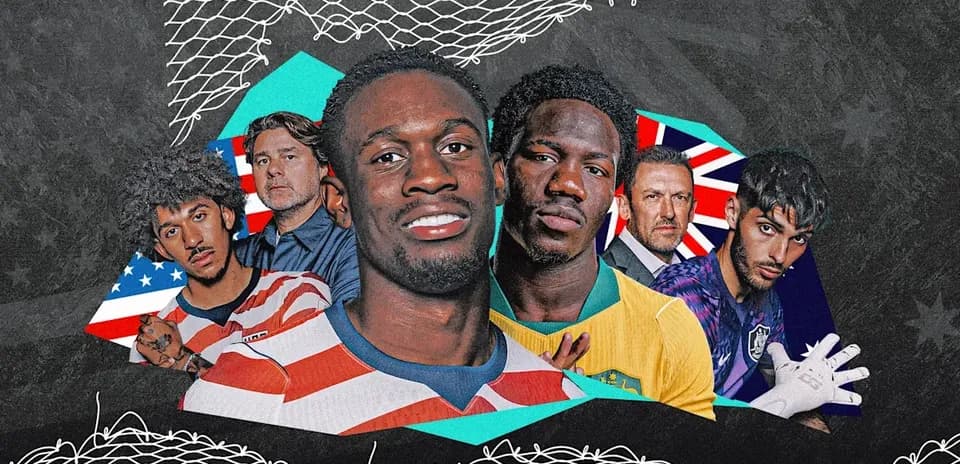 Soccer players and coaches in a colorful montage