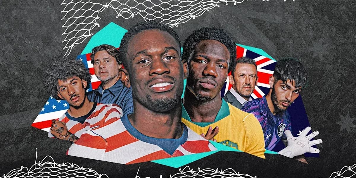 Soccer players and coaches in a colorful montage