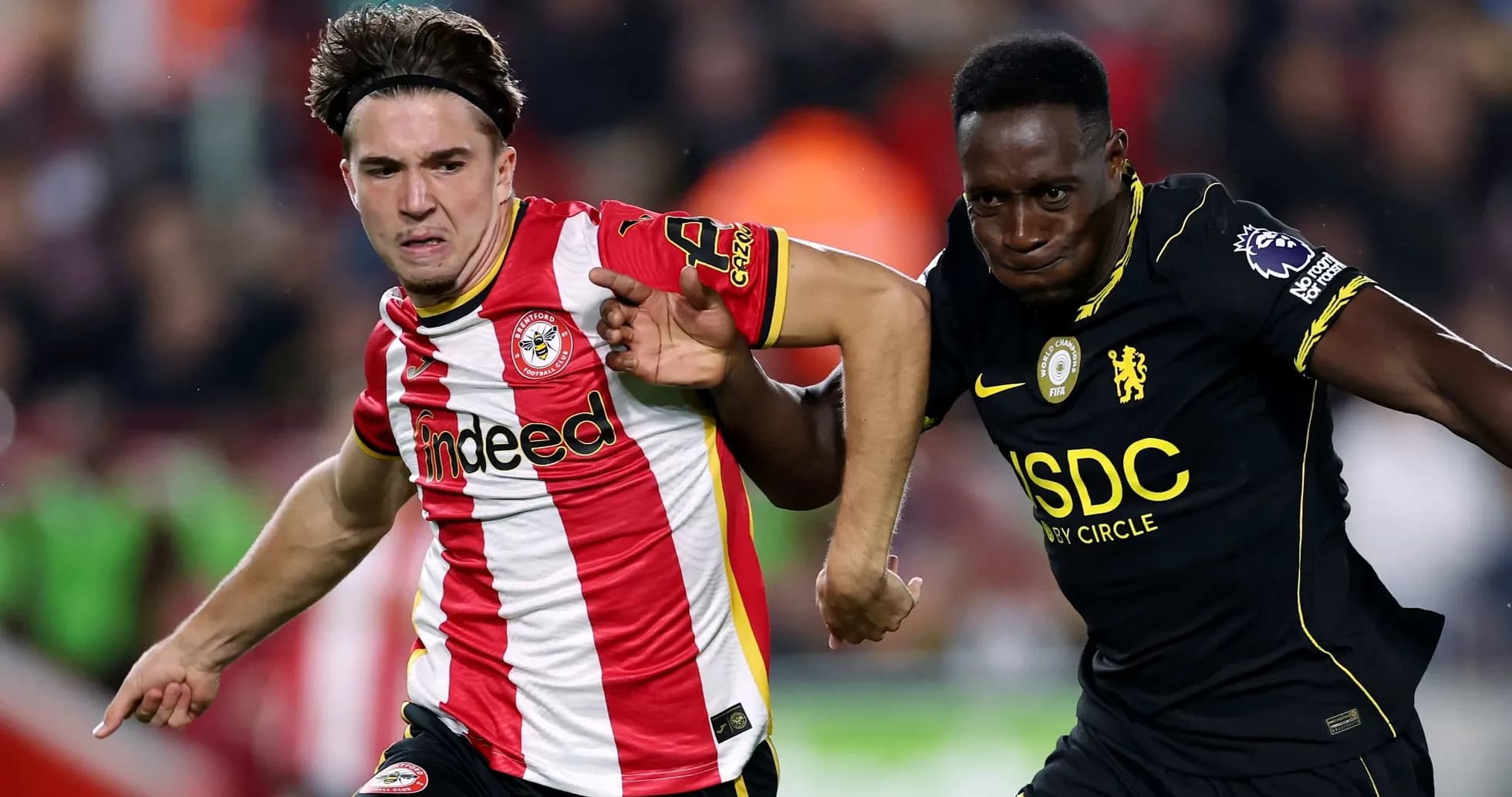 Brentford and Chelsea players competing for possession