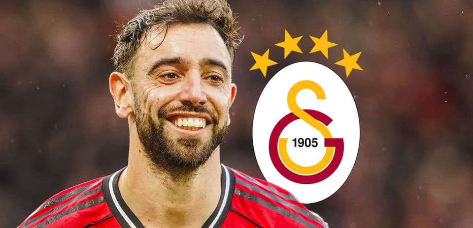 Bruno Fernandes smiling with Galatasaray logo in background