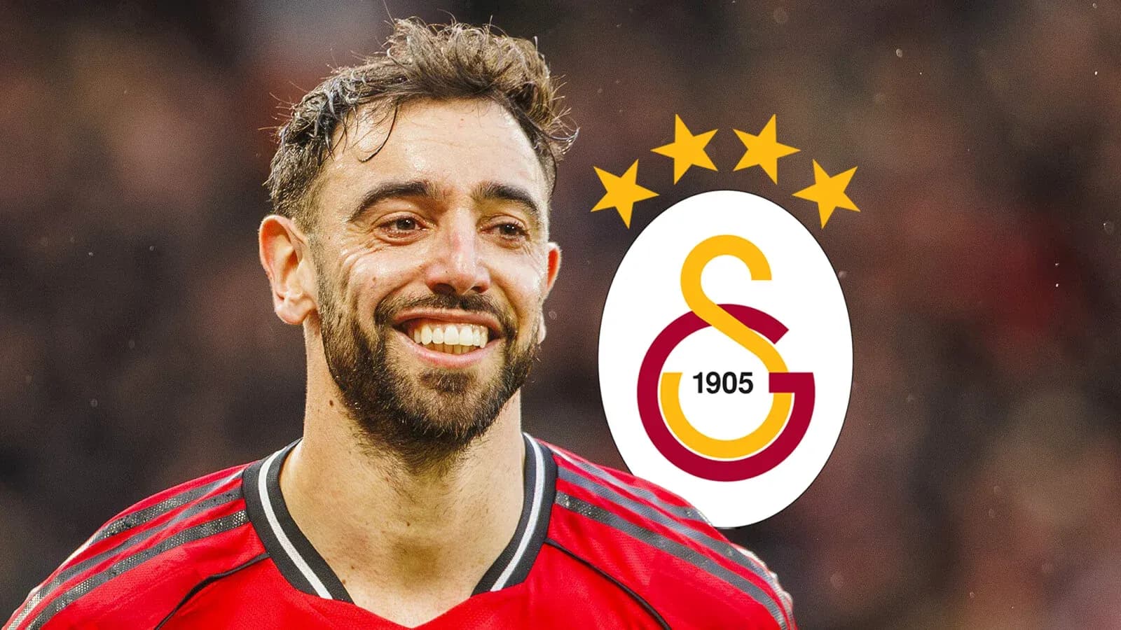 Bruno Fernandes smiling with Galatasaray logo in background