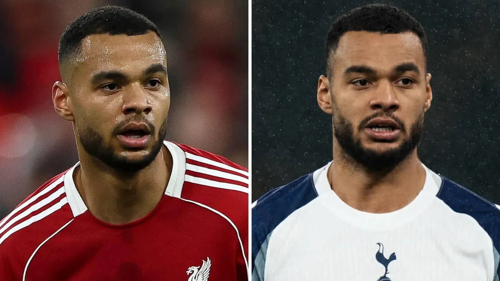 Two players in football kits from Liverpool and Tottenham