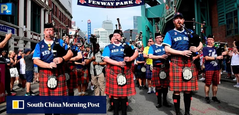 Bagpipe band marching outside Fenway Park