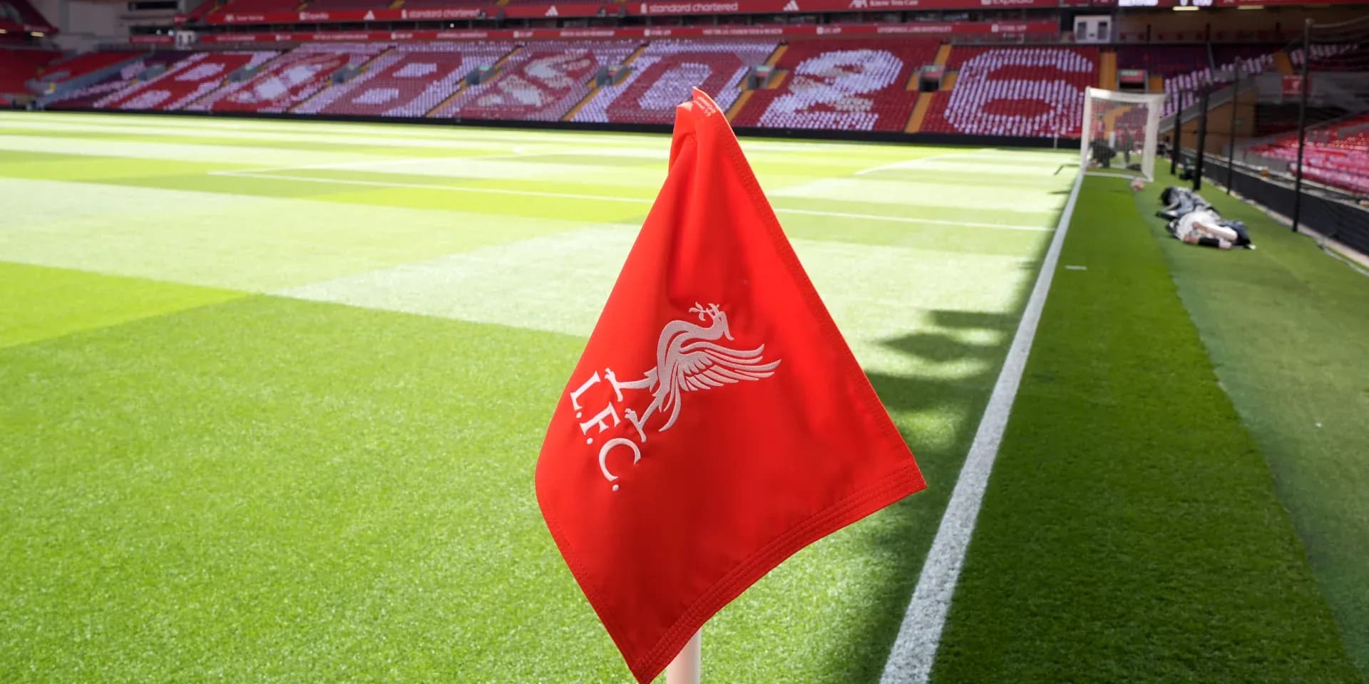 Liverpool FC corner flag on the pitch at Anfield