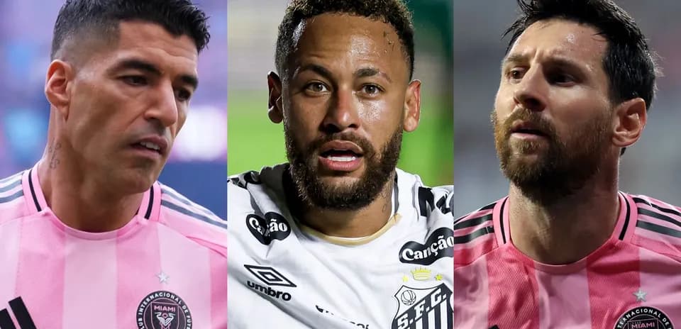 Luis Suárez, Neymar, and Lionel Messi in team jerseys