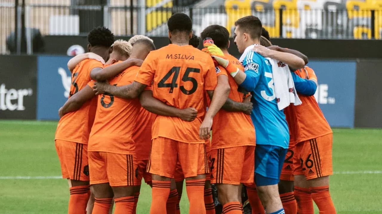 Houston Dynamo FC II team huddle before match