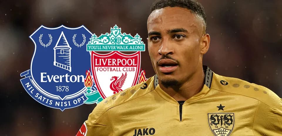 Player in jersey with Everton and Liverpool logos behind
