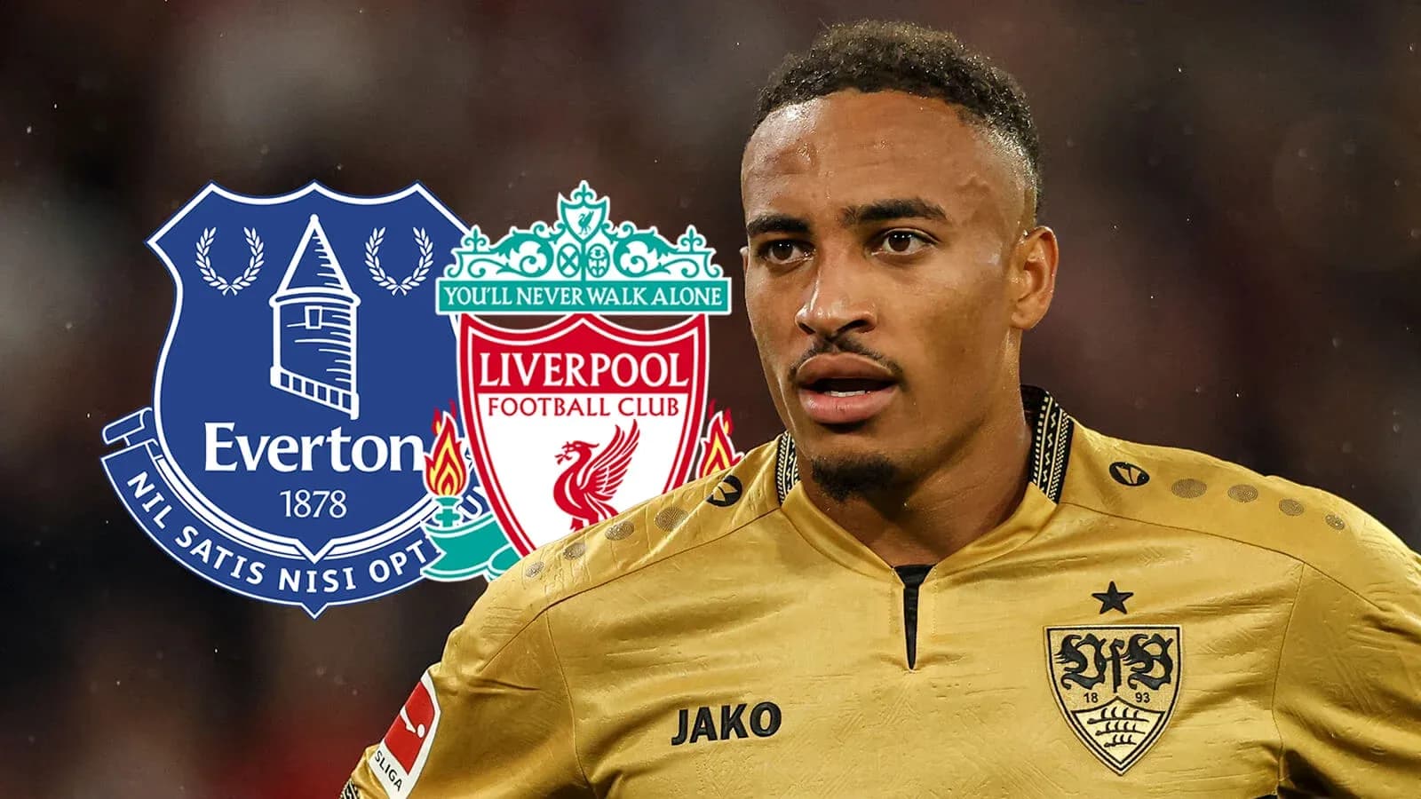 Player in jersey with Everton and Liverpool logos behind