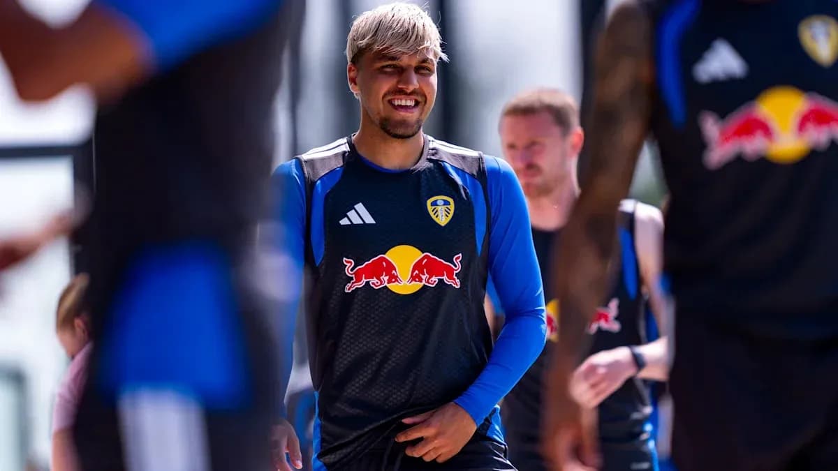 Player smiling during Leeds United training session
