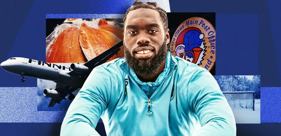 Athlete posing with airplane, fish, and snowy background