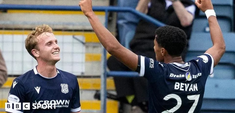 Dundee players celebrating a goal together