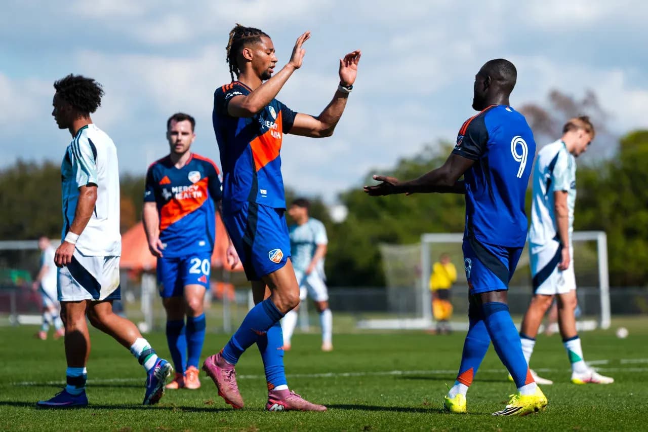 Players celebrating during FC Cincinnati II match