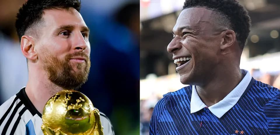 Lionel Messi holding World Cup trophy, Kylian Mbappé smiling