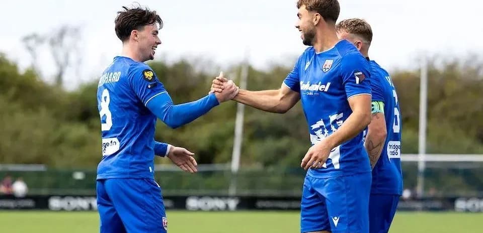 Two players celebrating with a handshake on pitch