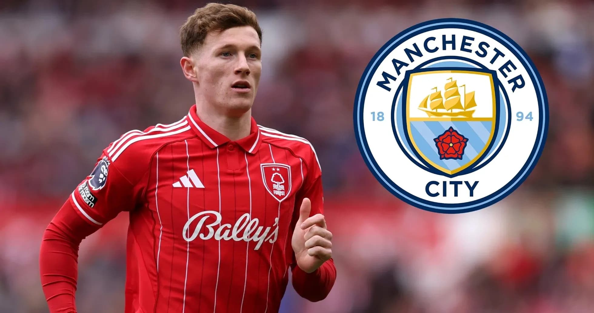 Player in red kit with Manchester City logo overlay