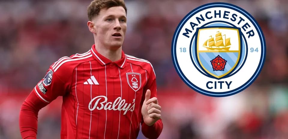 Player in red kit with Manchester City logo overlay