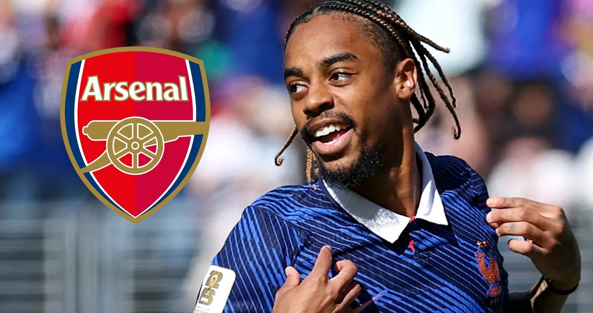 Player celebrating a goal with Arsenal logo overlay