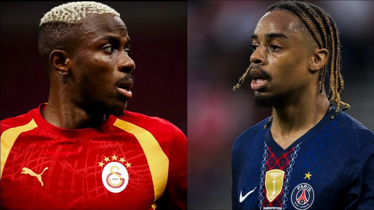 Two football players facing each other, one in red jersey