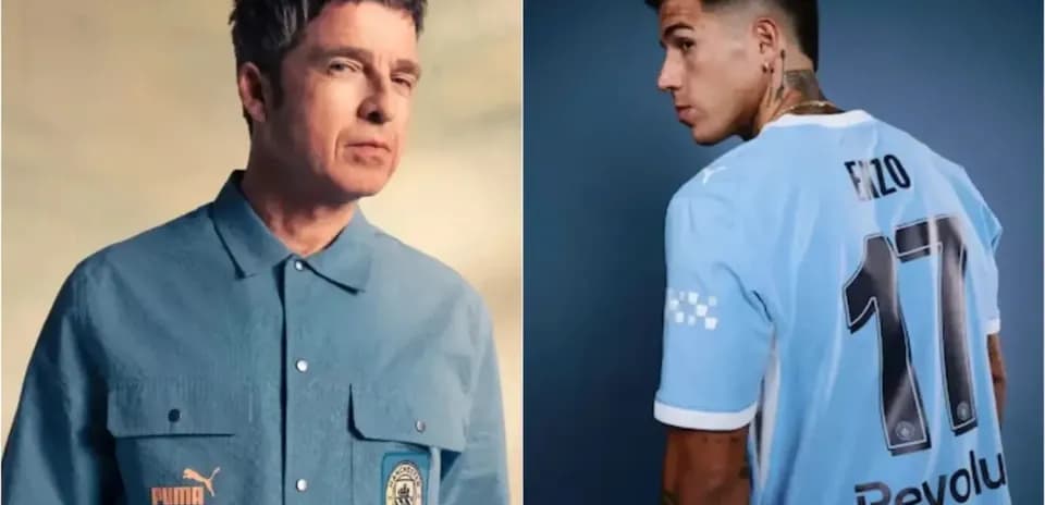 Two men in Manchester City apparel posing together