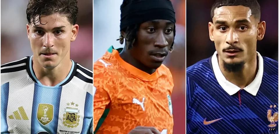 Three football players from different teams in action