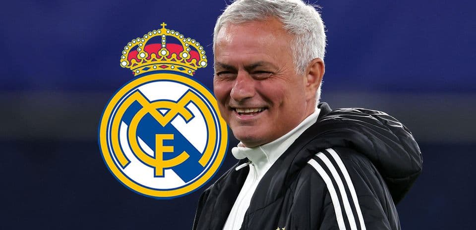 Jose Mourinho smiling with Real Madrid logo background