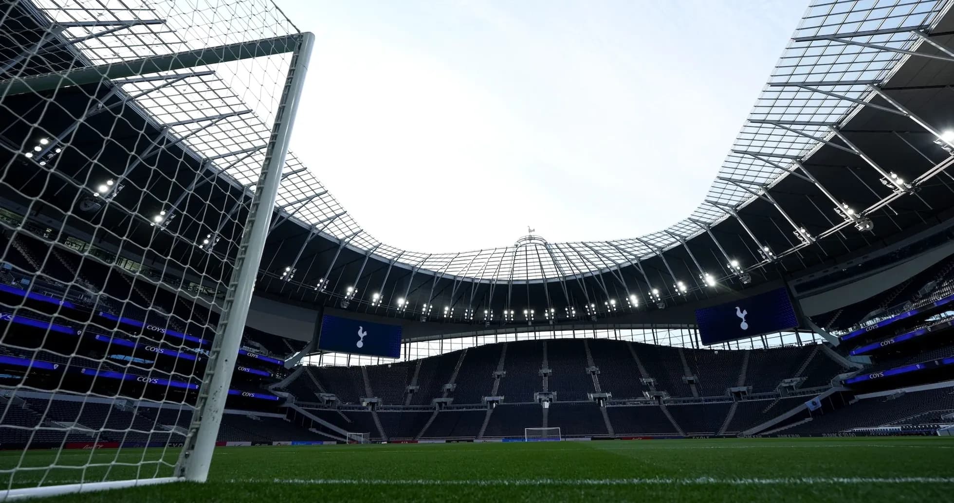 View of Tottenham Hotspur Stadium from goal area