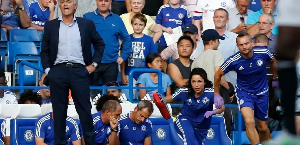 Chelsea manager and staff on the sidelines during match
