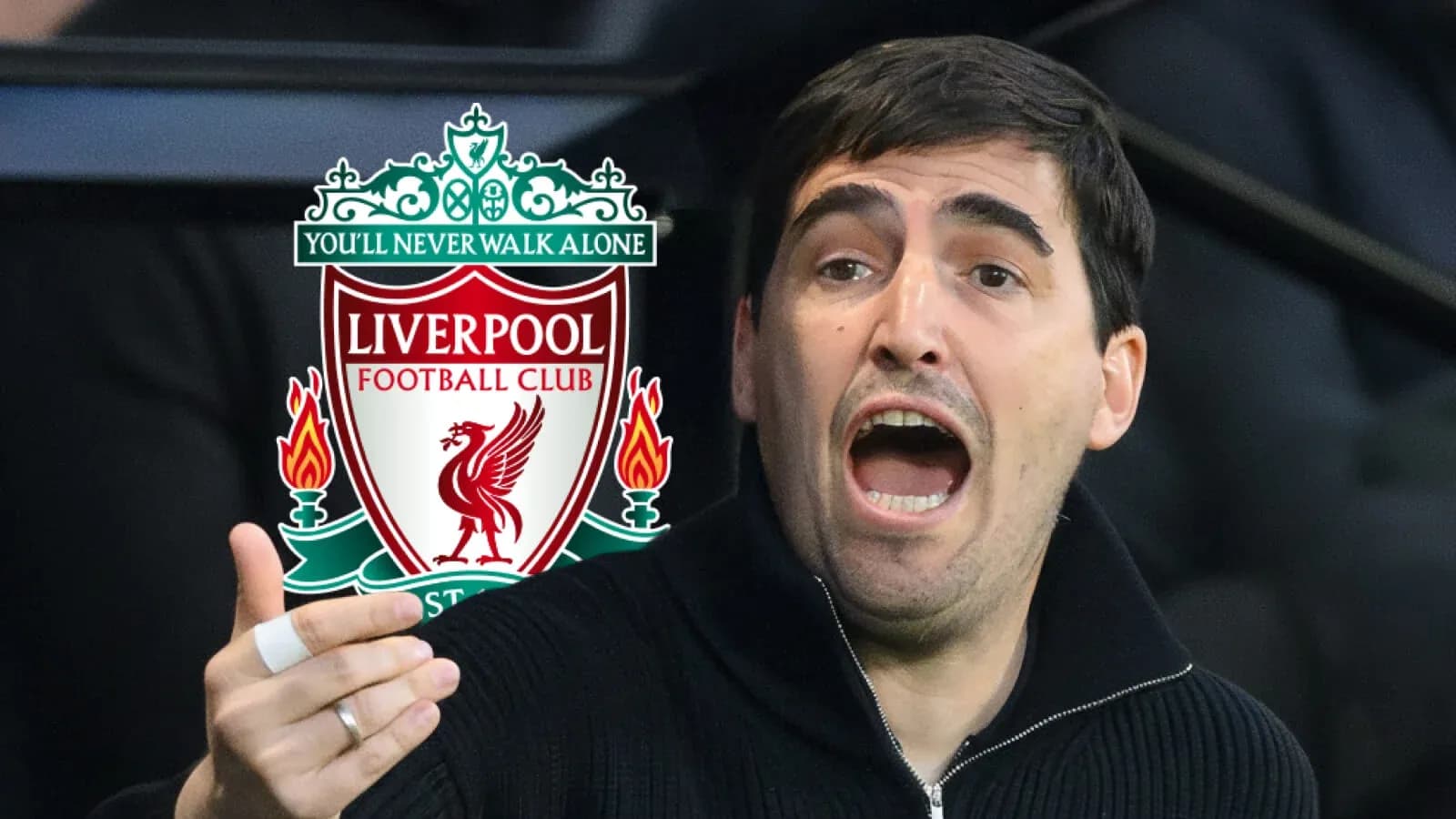 Person gesturing passionately with Liverpool logo in background