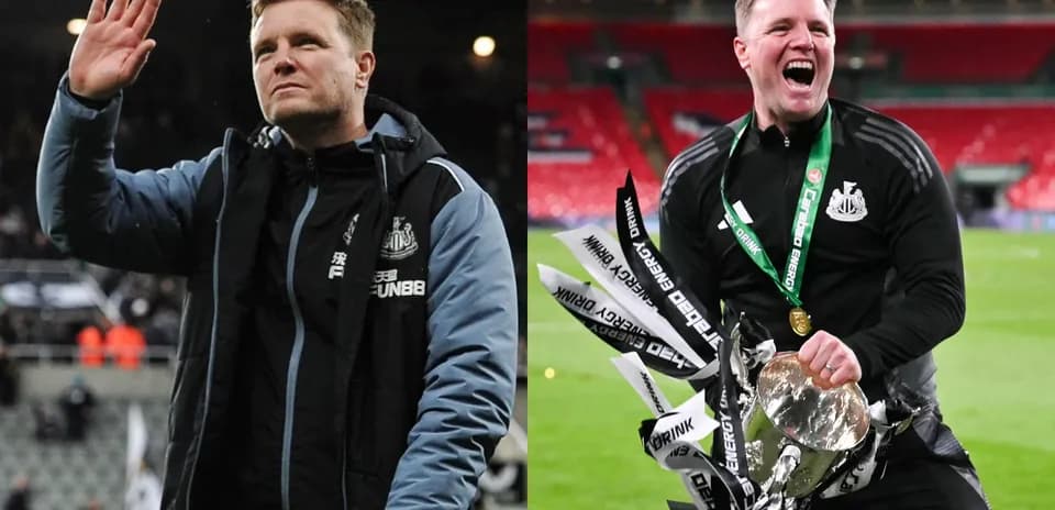 Newcastle manager celebrating with trophy at Wembley