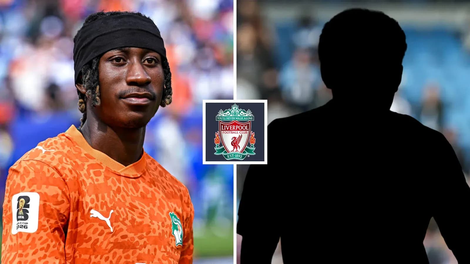 Goalkeeper in orange jersey with Liverpool logo overlay