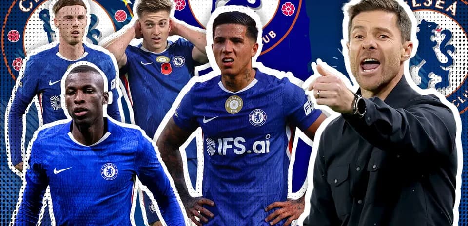 Chelsea players and manager in action with club logo