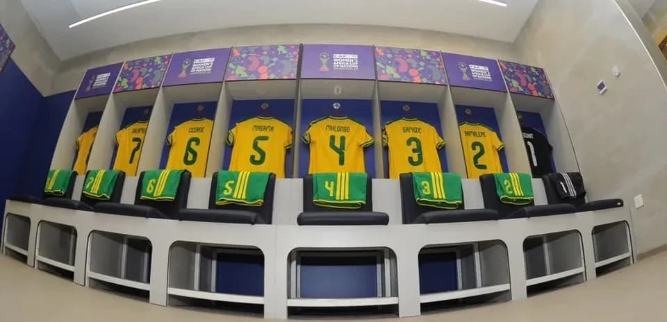 Soccer jerseys hanging in team locker room