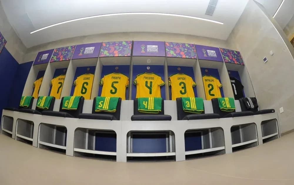 Soccer jerseys hanging in team locker room