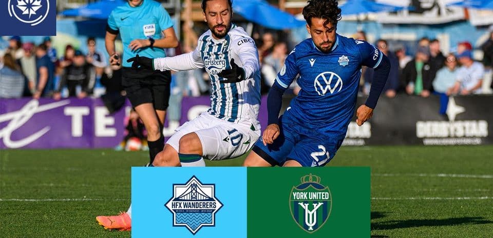 HFX Wanderers and York United players contesting for the ball