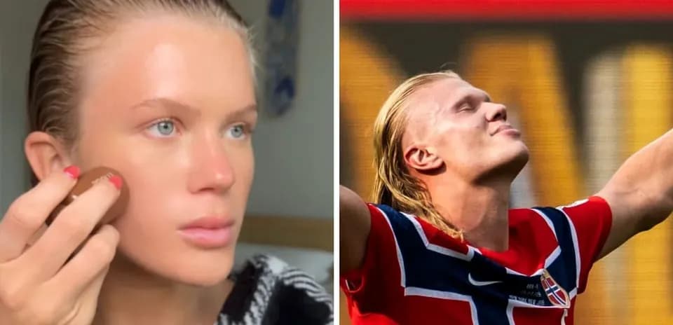 Two images: person applying makeup and footballer celebrating