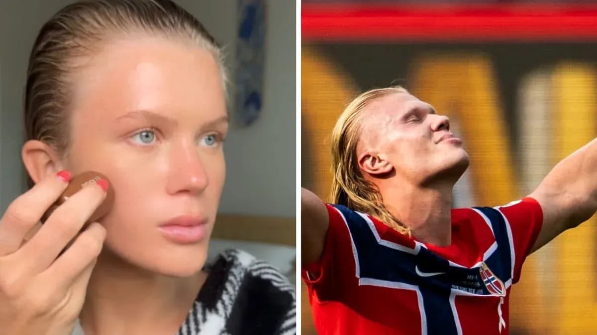 Two images: person applying makeup and footballer celebrating