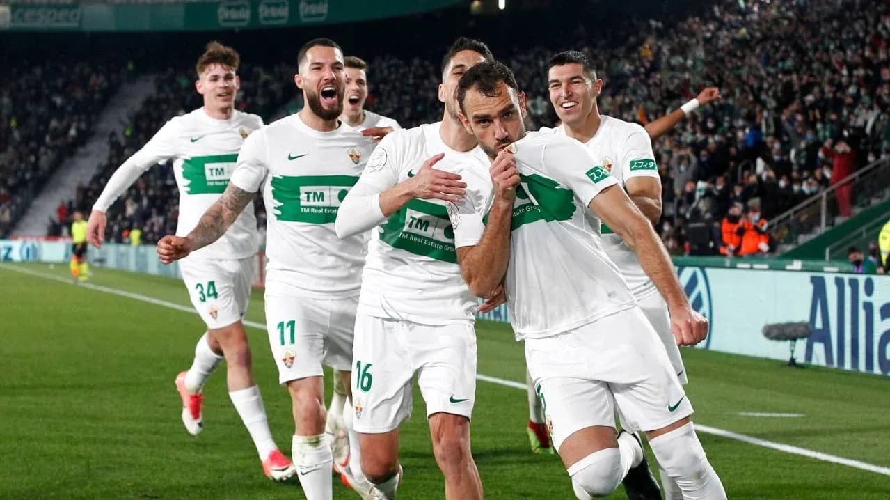 Elche players celebrating a goal in La Liga match